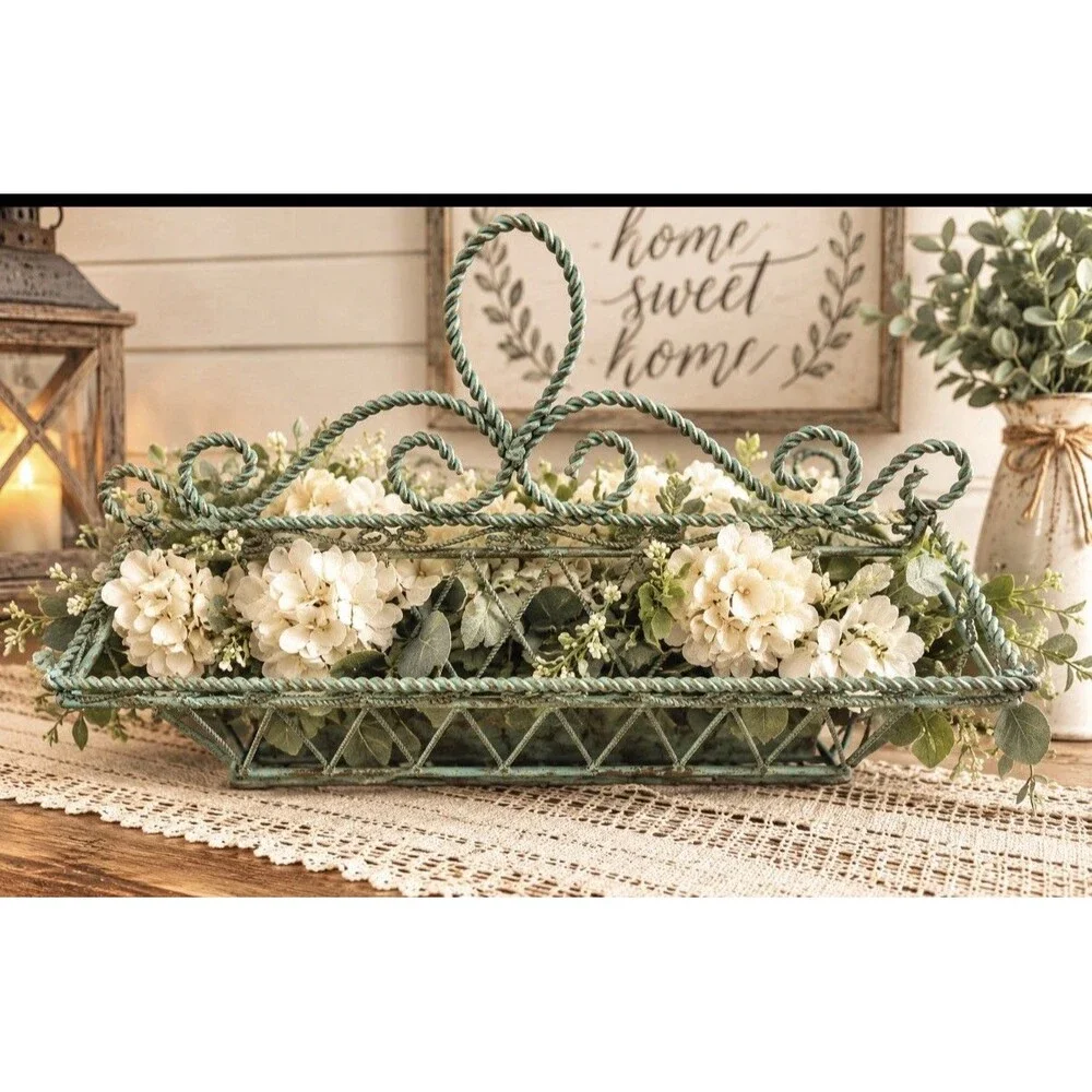 Vintage Metal Wire Wall Pocket Hanging Basket Sage Green Shabby Farmhouse Decor